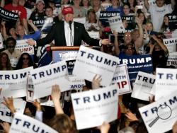 Republican presidential candidate Donald Trump speaks during a rally, Friday, April 22, 2016, at the Delaware State Fairgrounds in Harrington, Del. As his top aides spent the week gingerly courting Republican insiders at a seaside resort in Florida, Trump was busy railing against them. “The system is all rigged,” Trump told supporters at a rally Friday. (AP Photo/Julio Cortez)