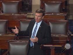 This frame grab provided by Senate Television shows Sen. Chris Murphy, D-Conn. speaking on the floor of the Senate on Capitol Hill in Washington, Wednesday, June 15, 2016, where he launched a filibuster demanding a vote on gun control measures. The move comes three days after people were killed in a mass shooting in Orlando. (Senate Television via AP)