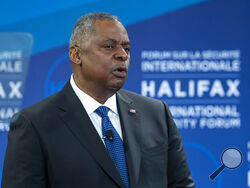 U.S. Secretary of Defense Lloyd J. Austin III delivers remarks at the Halifax International Security Forum in Halifax on Saturday, Nov.19, 2022. (Andrew Vaughan/The Canadian Press via AP)