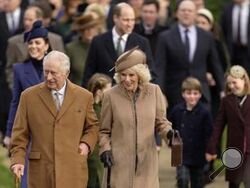 FILE - Britain's King Charles III and Queen Camilla arrive to attend the Christmas day service at St Mary Magdalene Church in Sandringham in Norfolk, England on Dec. 25, 2023. The king's cancer diagnosis heaps more pressure on the British monarchy, which is still evolving after the 70-year reign of the late Queen Elizabeth II. When he succeeded his mother 18 months ago, Charles' task was to demonstrate that the 1,000-year-old institution remains relevant in a modern nation whose citizens come from all corne