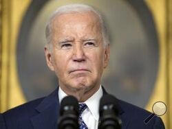 President Joe Biden speaks in the Diplomatic Reception Room of the White House, Tuesday, Feb. 8, 2024, in Washington. (AP Photo/Evan Vucci)