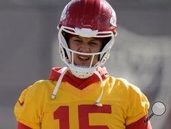 Kansas City Chiefs quarterback Patrick Mahomes (15) stretches during practice for Super Bowl 58 Thursday, Feb. 8, 2024 in Henderson, Nev. The Chiefs will play the NFL football game against the San Francisco 49ers Sunday in Las Vegas. (AP Photo/Charlie Riedel)