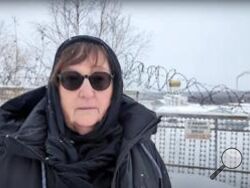 In this grab taken from video provided by the Navalny Team on Tuesday. Feb. 20, 2024, Russian Opposition Leader Alexei Navalny's mother Lyudmila Navalnaya speaks, near the prison colony in the town of Kharp, Russia. The mother of Russian opposition leader Alexei Navalny appealed to President Vladimir Putin to intervene and turn her son’s body over to her so she can bury him with dignity. Lyudmila Navalnaya, who has been trying to get his body since Saturday, appeared in a video outside the Arctic penal colo