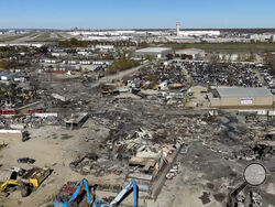 This photo provided by the National Transportation Safety Board shows UPS plane crash scene on Thursday, Nov. 6, 2025 in Louisville, Ky. (NTSB via AP)