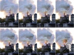 In this combination of photos, flames and smoke rise as the spire on the Notre Dame Cathedral collapses during a fire in Paris, Monday, April 15, 2019. (AP Photo/Diana Ayanna)