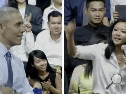 In this combination of images made from pool video, U.S. President Barack Obama, left, listens as Vietnamese rapper Suboi raps during a town-hall style event for the Young Southeast Asian Leadership Initiative (YSEALI) at the GEM Center in Ho Chi Minh City, Vietnam, Wednesday, May 25, 2016. Suboi rapped and asked Obama about the importance of governments promoting the arts and culture. (Photo via Pool Video)