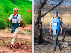 Left: In this Jan. 15, 1997 file photo, Princess Diana, wearing a bombproof visor, visits a minefield in Huambo, in Angola. Right: Britain's Prince Harry walks through a minefield in Dirico, Angola, Friday Sept. 27, 2019