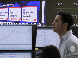 Asia markets index of Japan, South Korea and Australia is seen on a screen as a currency trader works at the foreign exchange dealing room of the KEB Hana Bank headquarters in Seoul, South Korea, Wednesday, April 9, 2025. (AP Photo/Ahn Young-joon)