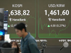 Dealers talk near the screens showing the Korea Composite Stock Price Index (KOSPI), left, and the foreign exchange rate between U.S. dollar and South Korean won at a dealing room of Hana Bank in Seoul, South Korea, Monday, Jan. 12, 2026. (AP Photo/Lee Jin-man)