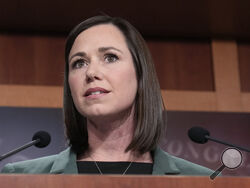 FILE - Sen. Katie Britt, R-Ala.,, speaks during a news conference on the border, Feb. 15, 2023, on Capitol Hill in Washington. Britt will deliver the Republican response to President Joe Biden's State of the Union speech on Thursday, March 7, 2024. She is the youngest female senator and the first woman elected to the Senate from Alabama. (AP Photo/Mariam Zuhaib, File)