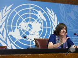 Marie-Paule Kieny, Assistant Director-General, Health Systems and Innovation, of World Health Organization, WHO, speaks during a press conference at the European headquarters of the United Nations, in Geneva, Switzerland, on Friday, Feb. 12, 2016. (Martial Trezzini/Keystone via AP)