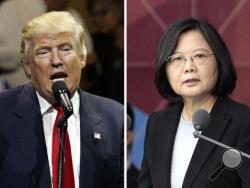 FILE - This combination of two photos shows U.S. President-elect Donald Trump, left, speaking during a "USA Thank You" tour event in Cincinatti Thursday, Dec. 1, 2016, and Taiwan's President Tsai Ing-wen, delivering a speech during National Day celebrations in Taipei, Taiwan, Monday, Oct. 10, 2016. Trump spoke Friday, Dec. 2, with Tsai, a move that will be sure to anger China. (AP Photo/Evan Vucci, Chinag Ying-ying, File)