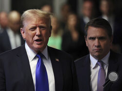 Former President Donald Trump speaks to the media alongside his attorney Todd Blanche after the conclusion of his hush money trial in New York, Thursday, May 30, 2024. (Michael M. Santiago/Pool Photo via AP)