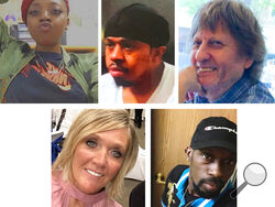 This combination of photos provided by the Chesapeake, Va., Police Department shows top from left, Tyneka Johnson, Brian Pendleton and Randy Blevins, and, bottom from left, Kellie Pyle and Lorenzo Gamble, who Chesapeake police identified as victims of a shooting that occurred late Tuesday, Nov. 22, 2022, at a Walmart in Chesapeake. (Chesapeake Police Department via AP)