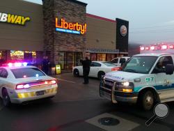 Police and ambulance crews gather at the Liberty Travel Plaza after a robbery was reported in the plaza's parking lot. (Press Enterprise/Jimmy May)