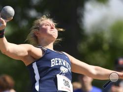 Berwick’s Payden Montana throws for a distance of 49 feet, 3 1/4 during one of her early throws Friday. She would go on to win the event and set a new state record in the shot put. (Press Enterprise/Jimmy May)