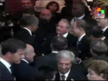 This image from Telesur video shows President Obama sharing a cordial evening handshake with Cuban President Raul Castro during a meeting on the sidelines of the Summit of the Americas Friday evening April 10, 2015 in Panama City, Panama. (AP Photo/TeleSUR)