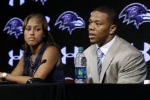 n this May 23, 2014, file photo, Baltimore Ravens running back Ray Rice, right, speaks alongside his wife, Janay, during a news conference at the team's practice facility in Owings Mills, Md. A new video that appears to show Ray Rice striking then-fiance Janay Palmer in an elevator last February has been released on a website. (AP Photo/Patrick Semansky, File)