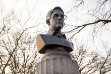 This April 6, 2015, file photo provided by ANIMALNewYork shows a bust of the former National Security Agency contractor Edward Snowden which was snuck overnight into Brooklyn's Fort Greene Park, in New York.