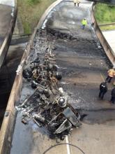 A tanker truck that was loaded with diesel fuel overturned and burned along Interstate 81, shutting down the heavily traveled artery near Harrisburg on Thursday. The truck was headed northbound from Carlisle shortly after 6 a.m. when it flipped over on a ramp to Route 22-322 westbound, near the I-81 bridge over the Susquehanna River. State police said the driver, a 52-year-old from Dover, Pa., was treated at a hospital for minor injuries. (AP Photo/Andrew Huston)