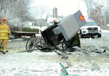 (Press Enterprise/Keith Haupt) A buggy was struck by a BMW Tuesday morning along Route 44 at Fairview Road in Whitehall, Montour County.