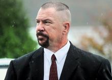 Suspended Millville Police Chief Ted Stout arrives at District Judge Marv Shrawder's Court in Mahoning Township Monday afternoon. (Press Enterprise/Keith Haupt)