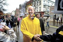 Democratic candidate for Governor of Pennsylvania Tom Wolf greets supporters during a stop in Bloomsburg on Wednesday. (Press Enterprise/Bill Hughes)