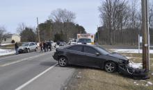 A chain-reaction crash sent one person to a hospital and damaged three vehicles Friday morning along Route 487 in the area of the Masonic Lodge. (For the Press Enterprise/Harry Deitz)