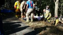 Emergency crews pull driver Charles Babb of Berwick up an embankment in a rescue basket after Babb slammed his car into a tree (Press Enterprise/Julye Wemple)