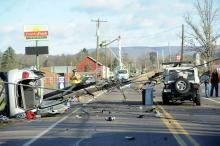 Route 487 north of Benton was closed Friday morning after a Jeep and Nissan SUV collided and took down a utility pole. (Press Enterprise/Keith Haupt)