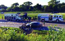 Cleanup is under way at the scene of a three-vehicle accident in the eastbound lanes of Interstate 80 near exit 236 on Sunday evening.