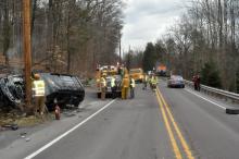 This two-vehicle crash involving a dump truck and an SUV has closed both lanes of Route 61 at Juniper Road near Paxinos. (Harry Deitz/For the Press Enterprise.)