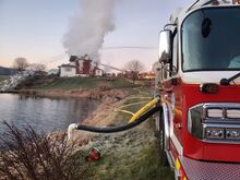 A farmhouse at 98 Church Road burns early Tuesday morning. (Special to the Press Enterprise/Scott McBride)
