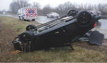 Chae C. Hirleman received minor injuries when he flipped his Scion in the median along Interstate 80 in Mifflin Township about two miles east of the Mifflinville exit Tuesday afternoon. (Press Enterprise/Jimmy May)