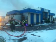 Firefighters battle a blaze at Christos Family Restaurant. (Press Enterprise/Bill Hughes)