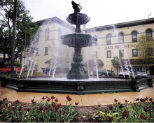 The Market Square fountain in Bloomsburg currently has only half the water spouts in its base in operation. (Press Enterprise/Bill Hughes)