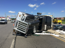 A truck lies across the Route 42 median, overturned after a late Tuesday morning wreck in Buckhorn. (Press Enterprise/Bill Hughes)