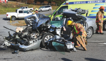 A man had to be cut free from his car Monday after he smashed into the back of a truck on Route 54, police say. (Press Enterprise/Keith Haupt)