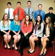 Members of the Columbia-Montour Vo-Tech 2014 Snowball court are, seated from left, Breanna Heckman, Alyssa Buck, Lucia Cerasoli, Kaylee McWilliams and Nikki Slusser. Standing are, from left, Josh Kashner, Colton Appleman, Nathan Stout, Jon Jensen and Tylere Temple. A king and queen will be crowned at the dance in the school cafeteria on Friday, January 24, at 8 p.m.
