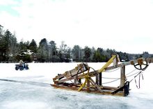 The elevator used to lift the ice block stands ready for use on Eagle Mere Lake on Friday. 