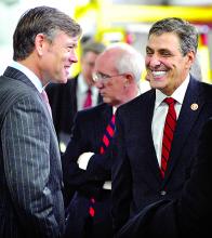 Matt Erskine, left, Deputy Assistant Secretary of Commerce for Economic Development in the Obama administration, and Congressman Lou Barletta chat at Autoneum