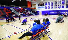 Danville High School’s Nate Lysiak throws a bocce ball on Wednesday at Danville High School. Lysiak competed on Danville’s bocce ball team, which is open to all students in the high school, against Warrior Run High School.