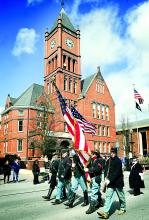Civil War re-enactors march past the Columbia county Courthouse during the Columbia County Bicentennial parade in Bloomsburg on Saturday afternoon.Civil War re-enactors march past the Columbia county Courthouse during the Columbia County Bicentennial parade in Bloomsburg on Saturday afternoon.