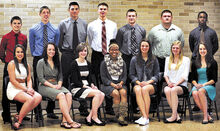 Members of the Berwick High School 2014 prom court are, seated from left, Gabriella Cicerchia, Marissa Redmond, Ellen Timbrell, Shante Hellenthal, Cassondra Dianese, Kaitlin Harmon and Ashton Mensinger. Standing are, from left, Ryan Stashko, Max Thomas, Cody Talanca, Dayton Broyan, Garrett Potter, Raymond Grasley and Chris Beauvais. A king and queen will be crowned during the prom at Genetti’s in Hazleton on Saturday, May 3.