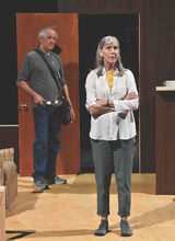 One of Bloomsburg Theatre Ensemble’s founding members Elizabeth Dowd stands on the stage of the Alvina Krause Theater Tuesday evening with her husband, Rand Whipple during a pause in rehearsing. 