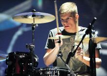 Millville Area’s Keeyan Zimmerman performs on his drum set during the first round of the First Columbia Teen Star competition Sunday afternoon at the Haas Center on the Bloomsburg University campus.