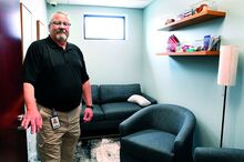 Tim Kline, recently joined the Bloomsburg Police as a co-responder. Here, he stands in the calming room at the police station on Friday. 