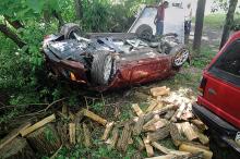 Kevin Whipple rolled his Mazda onto its roof, landing in a wood pile in the area of 186 Waterton Road in Huntington Township Friday afternoon before being flown to Geisinger Medical Center, police say.