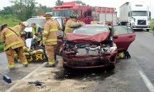 A Subaru received heavy front-end damage after the driver struck a Jeep in the construction back-up in the westbound lanes of Interstate 80 just east of the Lightstreet exit Monday afternoon, sending several people to the hospital.