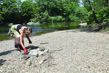 Tanya Nebroski dismantles a fire pit which was built on the bank of Fishing Creek near the Rupert Covered Bridge Monday morning. She was there cleaning up debris left from visitors to the area over the weekend.  